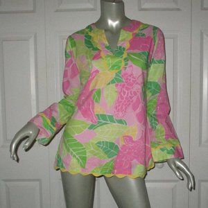 LILLY PULITZER Pink & Green Print Long Sleeve Top Scallop Details